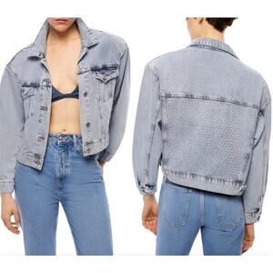 Nocturne Cropped Denim Jacket Size 34 NWT $264 Shoulder Pads, Metal Accent Back